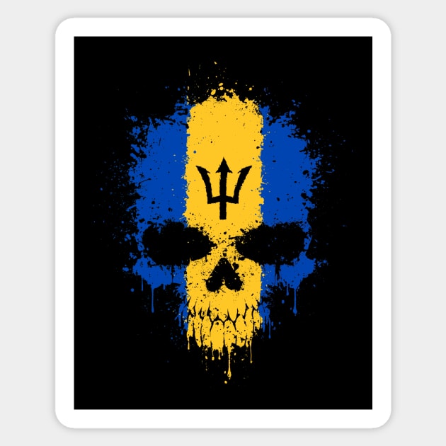 Chaotic Barbados Flag Splatter Skull Sticker by jeffbartels